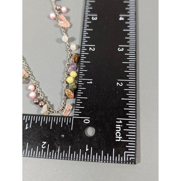 Boho Stone And Faux Pearl Charm Cluster Dainty Necklace Silver Tone 19" - Picture 9 of 9